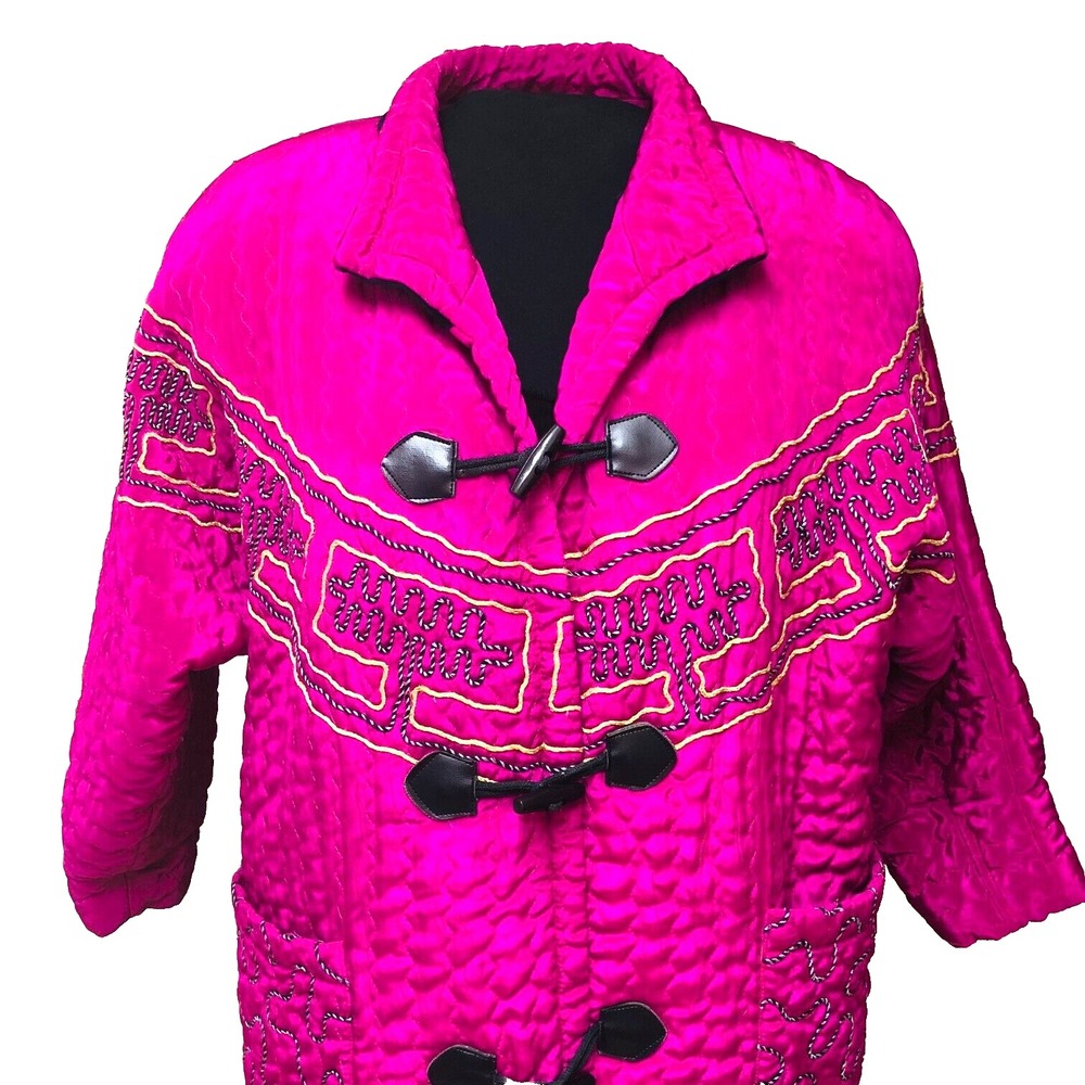 Y2K Womens Quilted Duffel Coat Magenta‎ Pockets Velvet Long Embroidered 1X 2X